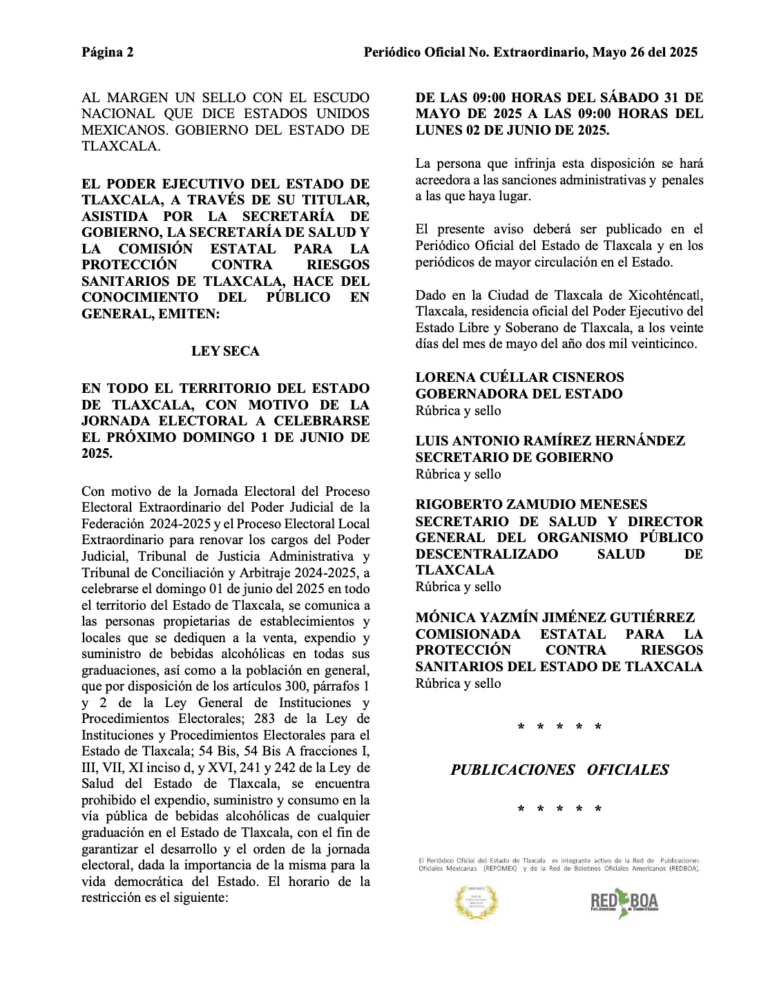 Emite Gobierno del Estado Decreto de Ley Seca Para la Jornada Electoral del Próximo 01 de Junio